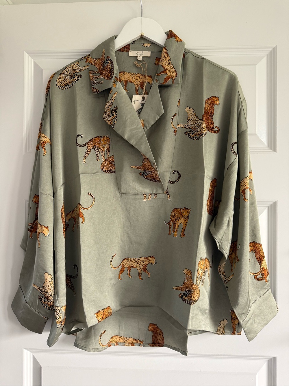 Easel Leopard Cheetah Print Dull Satin Blouse Sage Green NWT